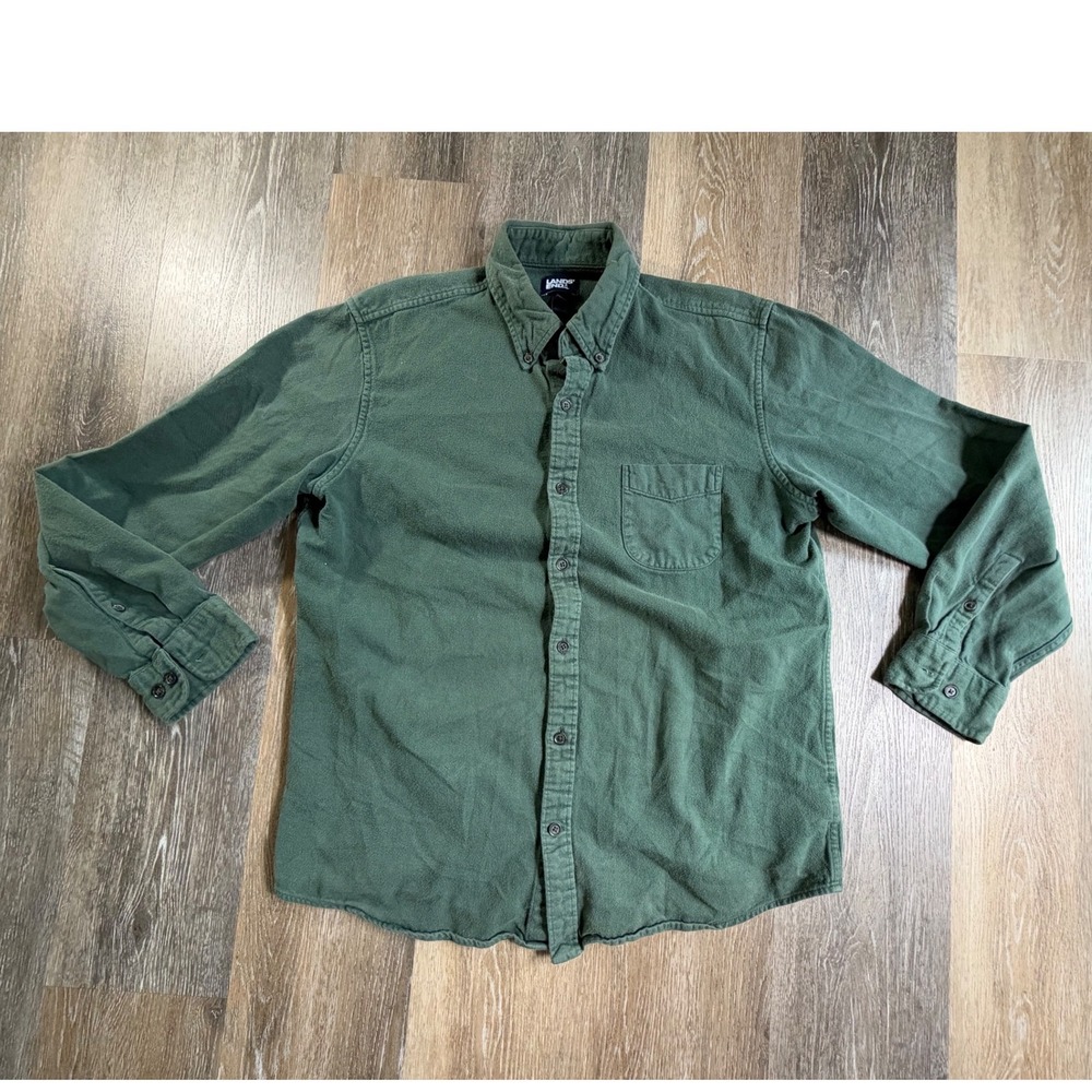 Lands End Flannel Shirt Mens L Green Traditional Fit Button Down Long Sleeve